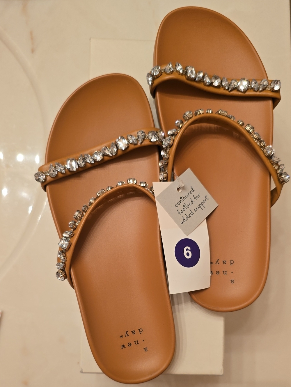 🆕️a new day Tan Jeweled Double-Strap Slide Sandals (NWT)